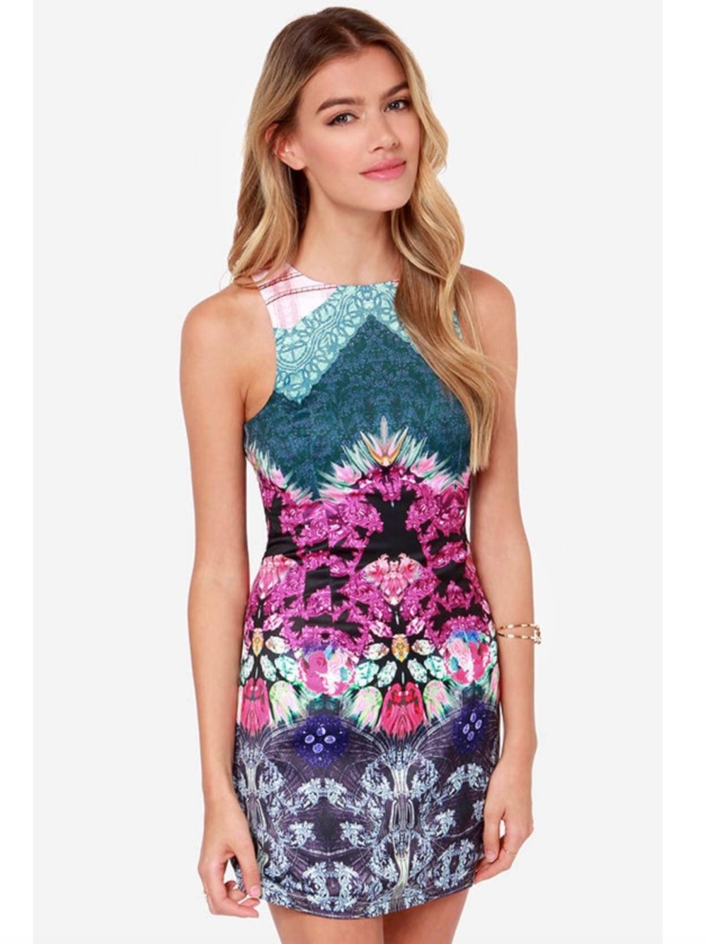 Lulu's Rococo Supernova Fuchsia Mirror Print Dress in Sz Medium